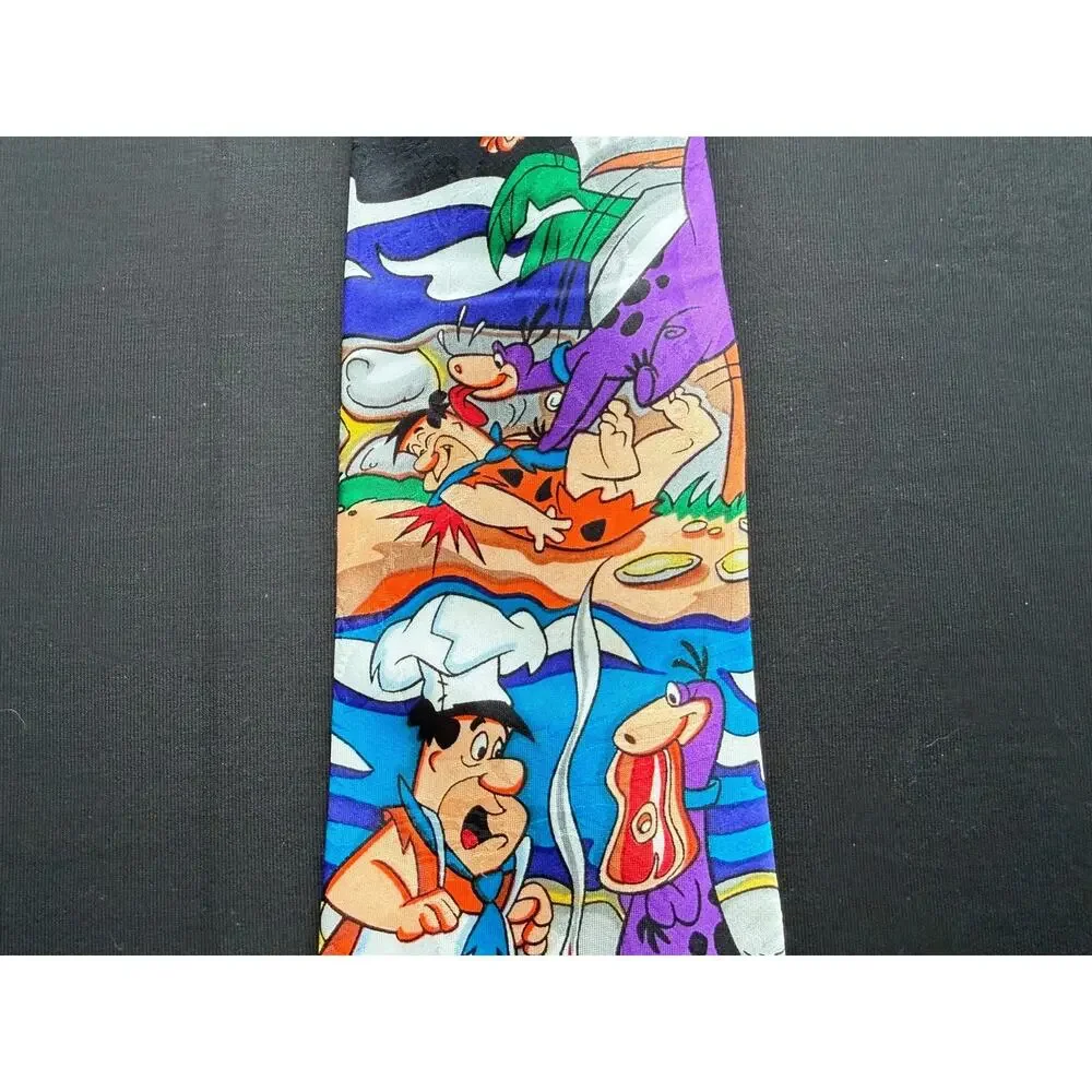 Vintage Flinstones Tie - Multicolor Fred and Dino Eating and Playing Baseball